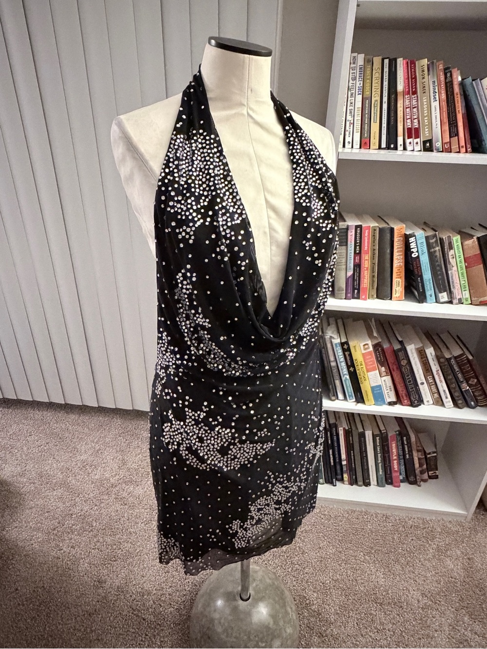 Nasty Gal Black Rhinestone Halter Cowl Neck Mini Dress Size M - Picture 3 of 9